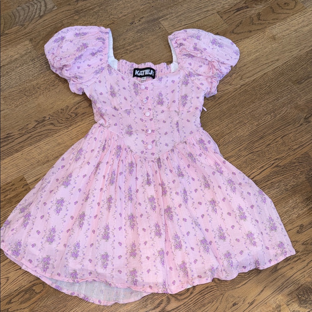Katie J NYC Pink Floral Puff Sleeve Cotton Dress